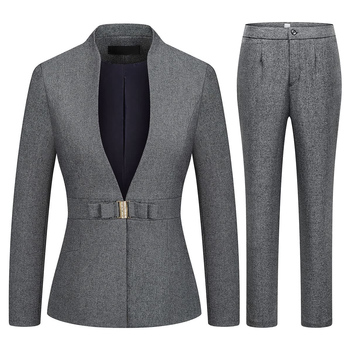MODFUL Womens Business Pant Suit Set 2 Piece Slim Fit Blazer Jacket One Button Buckle Closure Lady Work Suit for Office Grey Large