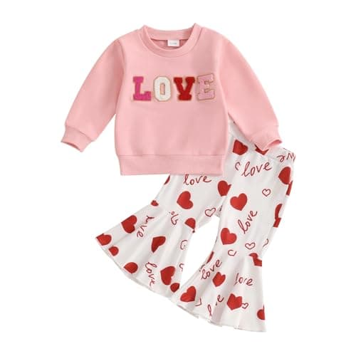 iddolaka Toddler Baby Girls Valentines Outfits Long Sleeve Letter Sweatshirt Shirt Heart Flared Pants Spring Clothes (K-Love pink, 2-3T)