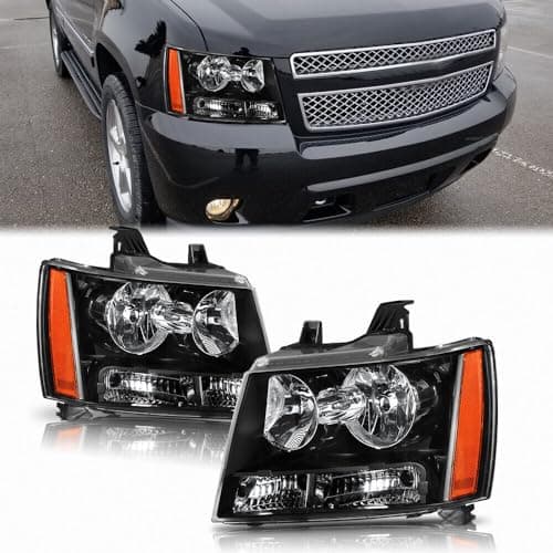 Headlights Assembly for 2007-2013 Chevy Tahoe Suburban Avalanche Head light Headlamp Driver Passenger Side Pair, Black Housing Amber