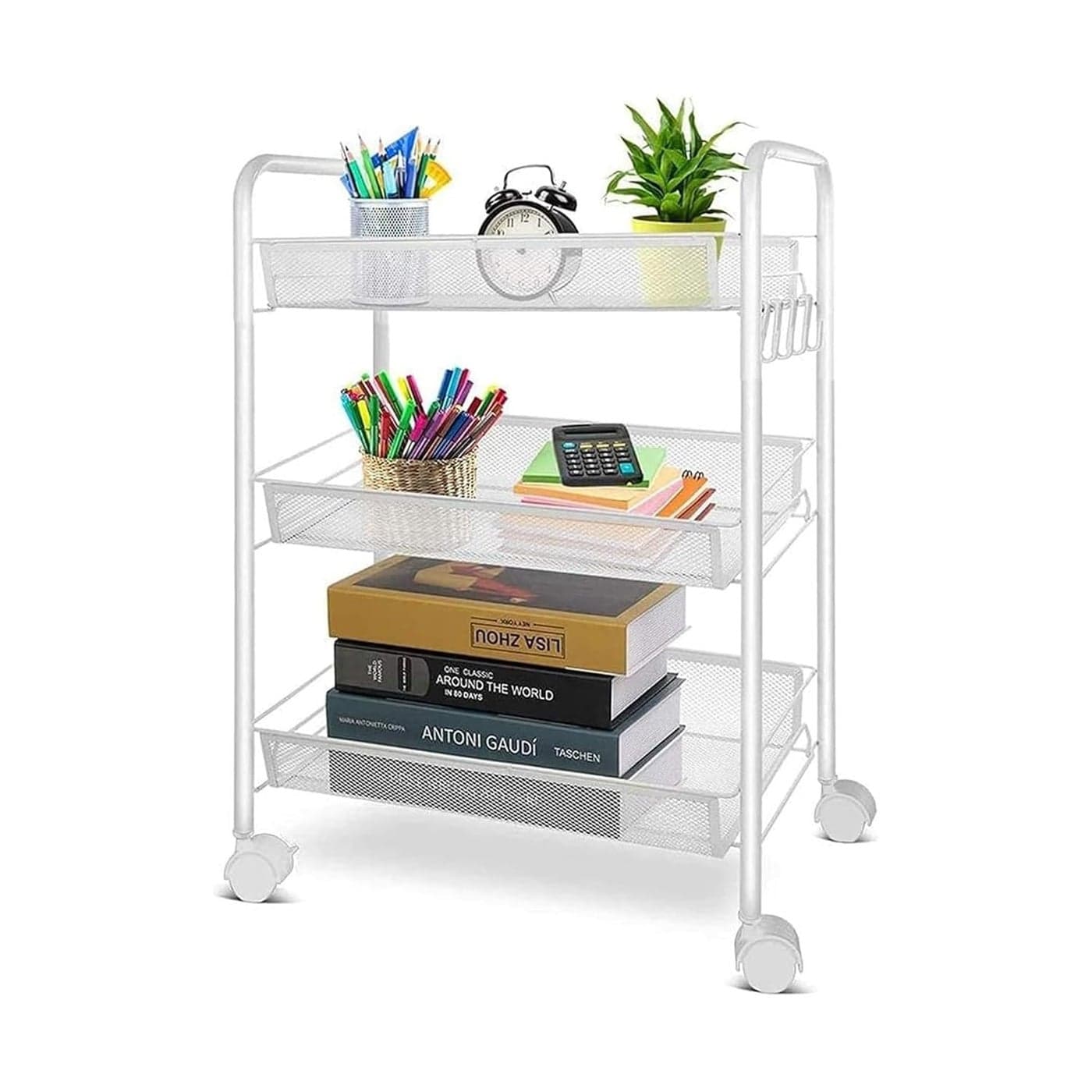 Sulfar 3 Layer Multi Purpose Stainless Steel Rotating Kitchen Trolley SpaceSaving Fruits Vegetables Storage Rack Organizer White