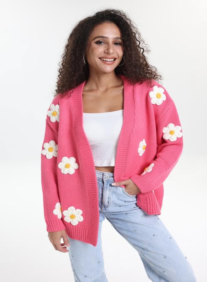 Take Two Plus Size Pink Flower Embroidery Knit Cardigan