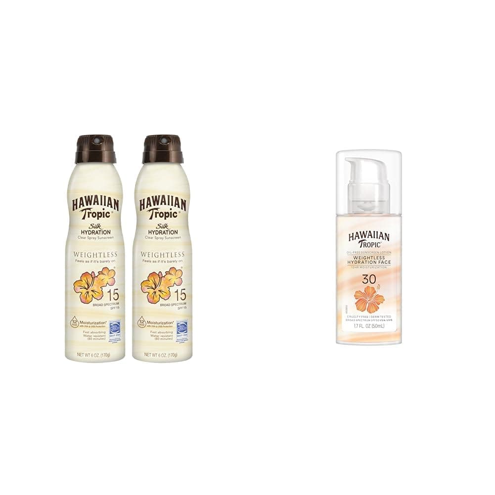 Hawaiian Tropic Weightless Hydration Clear Spray Sunscreen SPF 15 Twin Pack 6oz Each Face Sunscreen Lotion SPF 30 Travel Size 17oz