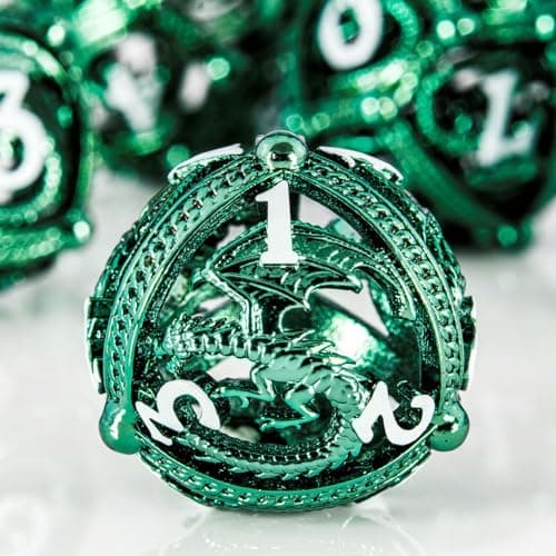 Metal DND Dice Set Unique Round Hollow Orb Design for Better Rolling Beautiful Dragon Set for Role Playing Games RPG Stunning DD Dungeons and Dragons Dice Green