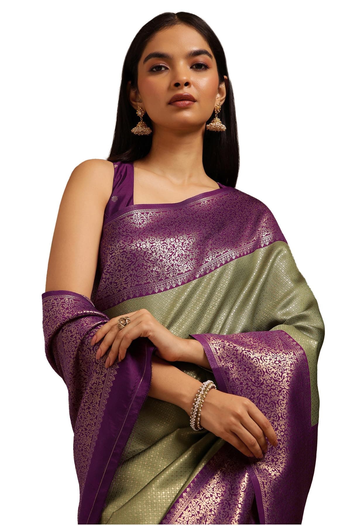 Soch Womens Olive Silk Blend Zari Woven Saree With Zari Woven