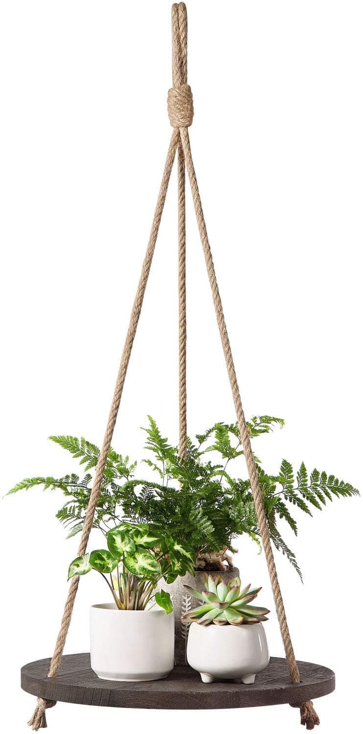 Dahey Hanging Plant Shelf Round Wood Rope Hanging Floating Shelf Vintage Home Decor Display Planter Rack for Living Room Bedroom Kitchen Dark Brown