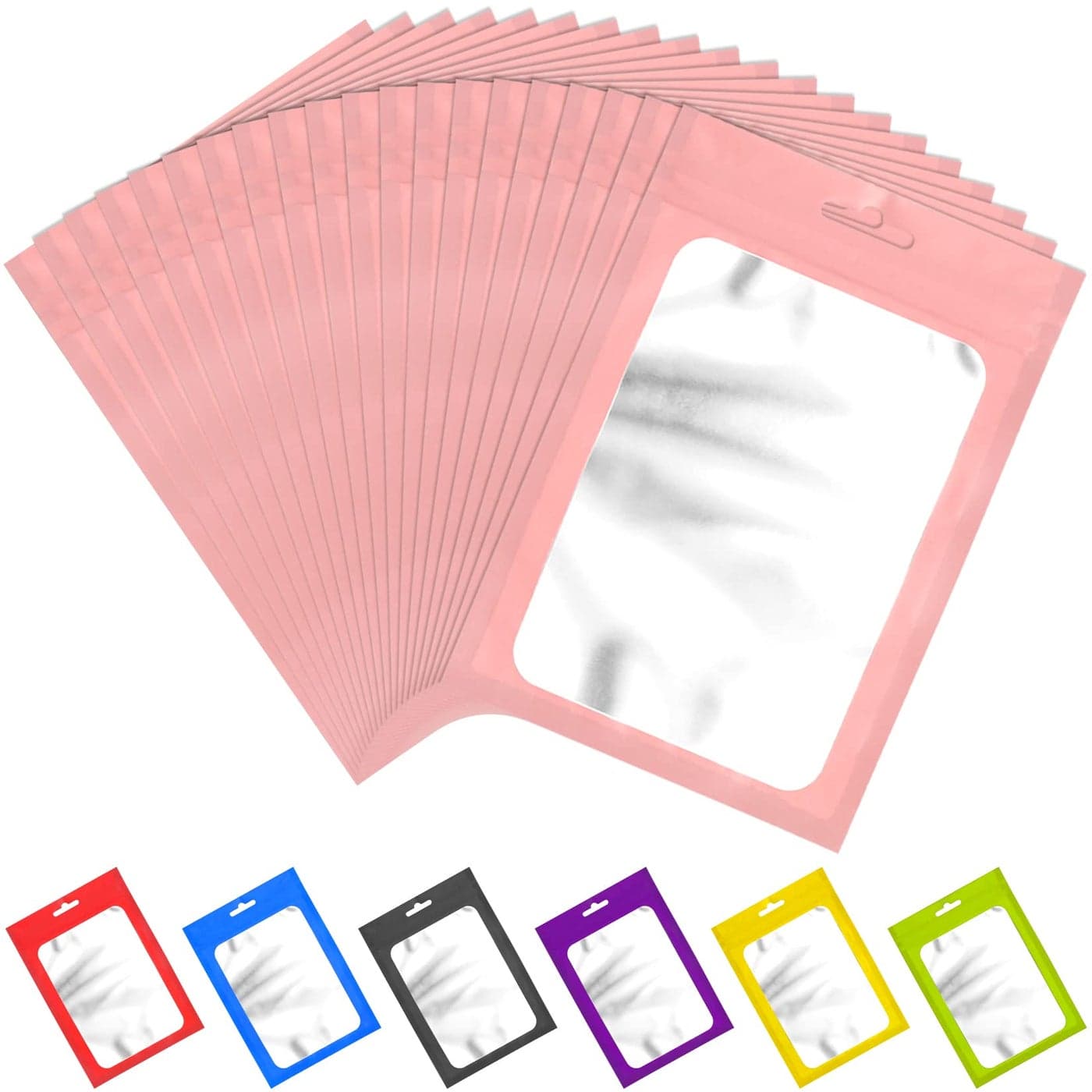 100 Pieces Resealable Mylar Bags with Zipper and Clear Window Smell Proof Packaging Bags Foil Pouch Zip Bag for Food Self Sealing Storage Supplies Pink 314x511 inches