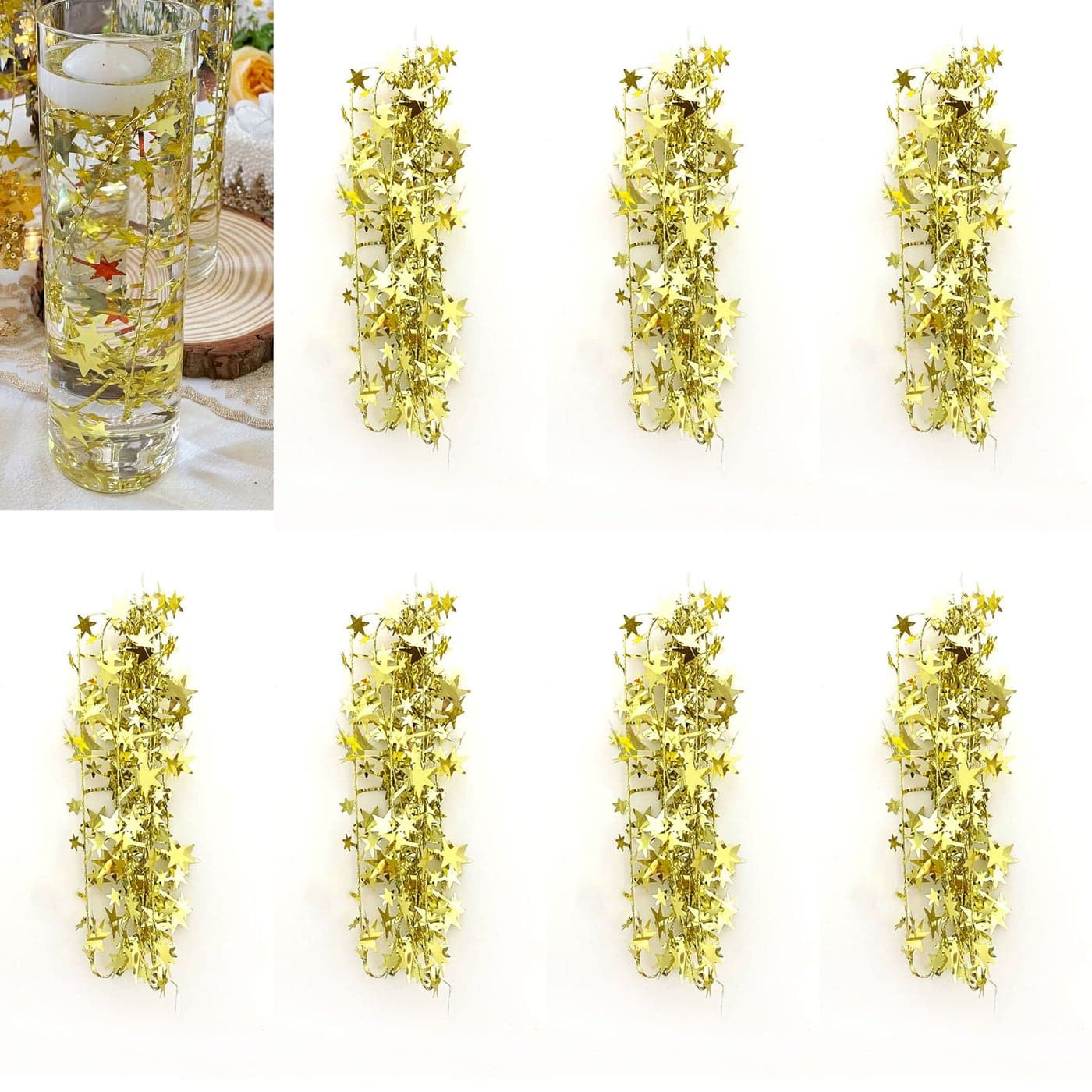 TeaSu Glitter Gold Star Garland for Floating Candle Centerpieces 12Pcs 38 Inch Tinsel Star Vase Filler for Weddings Christmas Gold