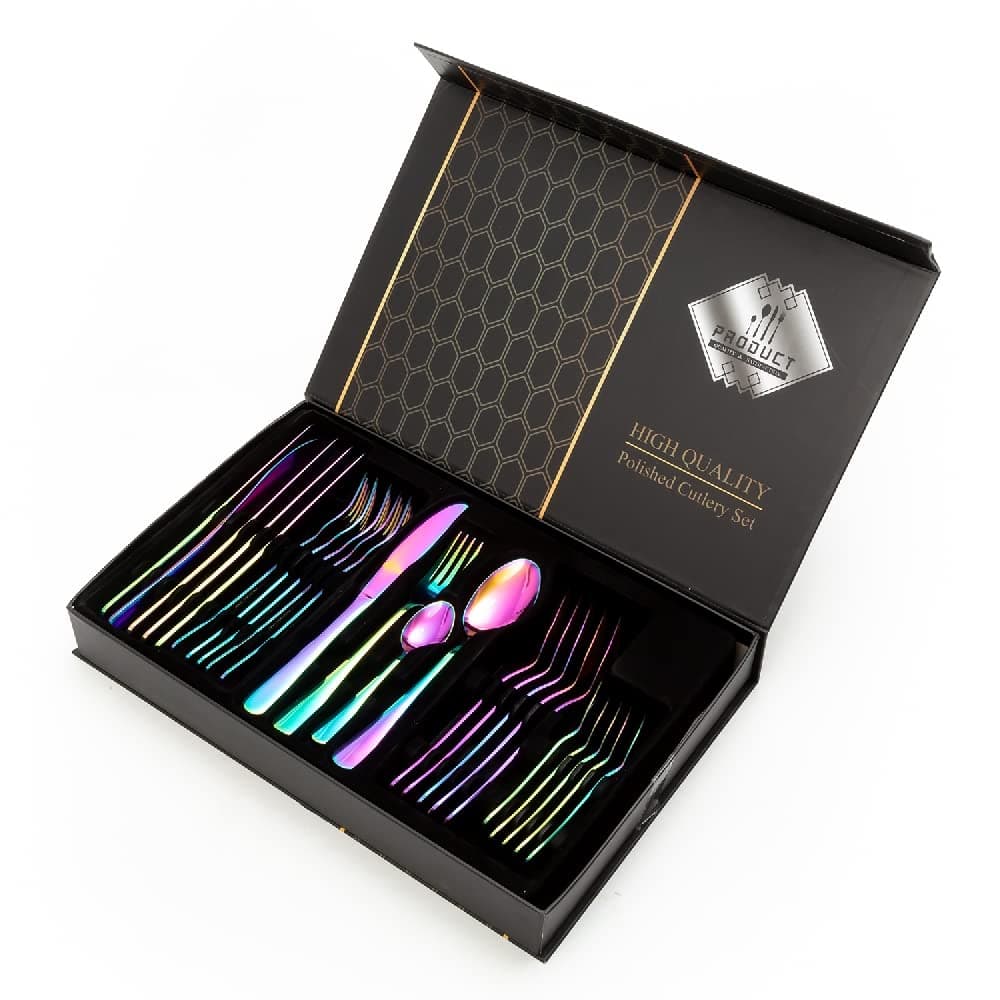 EZ Life Enigma 24 Piece Cutlery Set Rainbow Colours Plated Stainless Steel 6 Spoons 6 Forks 6 Knives 6 Tea Spoons Classy Gift Box Packing Dining Table Cutlery Set for Dining Table