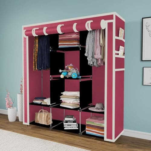 Maison & Cuisine® Collapsible Wardrobe Foldable Closet for Clothes Almira, 2 Hanging Space, 8 Shelves, (Non-Woven Fabric 90 GSM, 88230) (Maroon, Pack of 1)