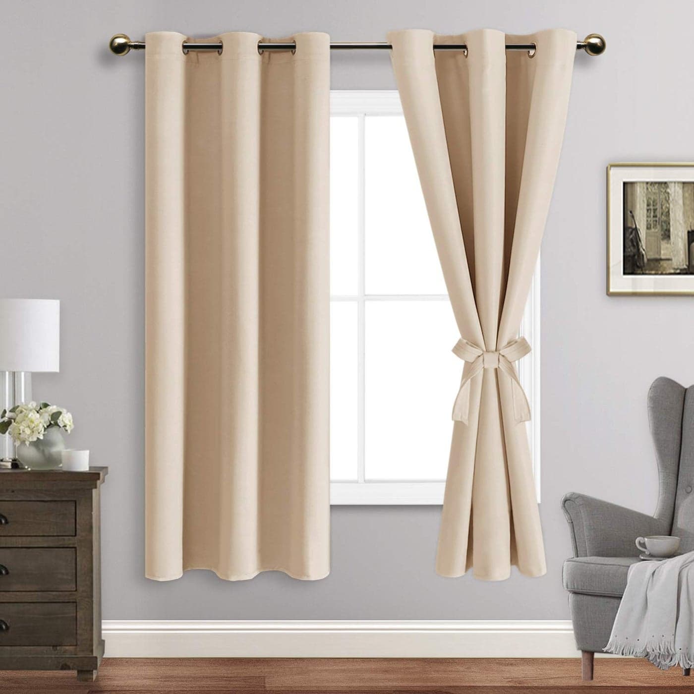 JIUZHEN Beige Blackout Curtains with Tiebacks Thermal Insulated Light Blocking and Noise Reducing Grommet Curtain Drapes for Bedroom and Living Room Set of 2 Panels 42 x 63 Inch Length
