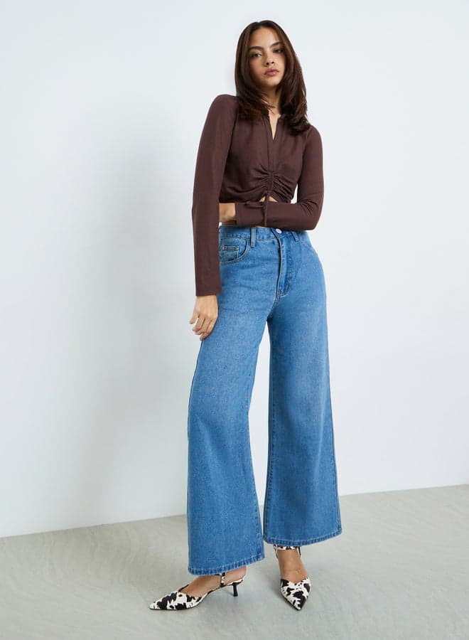 Blue Mid Rise Wide Leg Jeans