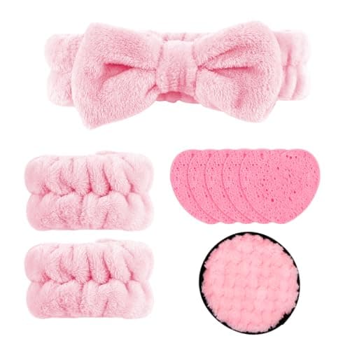 MAYCREATE® 9Pcs Hairband for Woman Skincare Wristband Head Band Set, Pink Bow Headband for Women Hair Band for Facial Time Face Wash Kit with Sponge Pads Soft Pluffy Makeup Remover Pads Set
