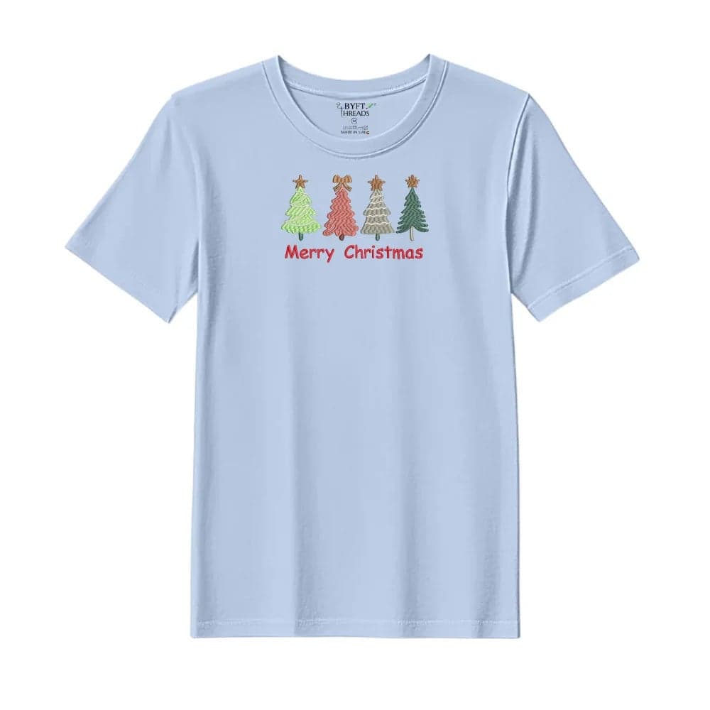 Threads Medium Sky Blue Polycotton T-Shirt - Christmas "Merry Christmas Trees (4 Styles)" Embroidered Design, Premium Holiday Collection