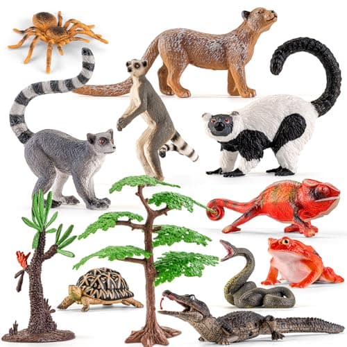 THINKBAY 12PCS Realistic Madagascar Animal Figurines Toys Plastic Animals Jungle Animals Figures Playset Lemur Chameleon Tortoise Frog Crocodile Snake with Tree Valentines Day Gifts for Kids