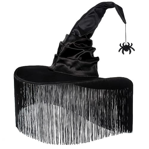 JUSTOTRY Witch Hat for Women Halloween Women Costume Black Witches Hats with Dangle Fringe for Hallowee Decor Accessories Hocus Pocus Party Favor