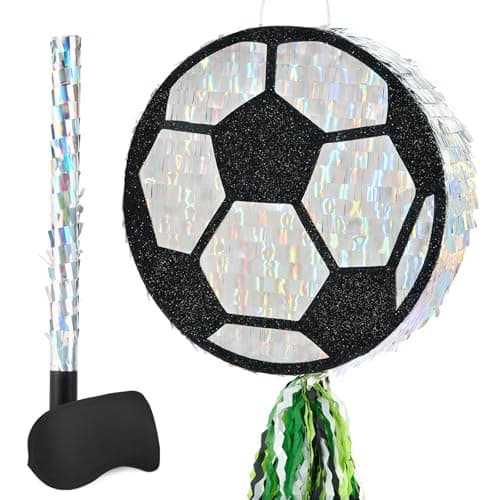 WERNNSAI Soccer Ball PiataSoccer Party decoration Piata with Blindfold Bat for Kids Sports Themed Birthday Party Supplies Mirror Roller Skating Pull String