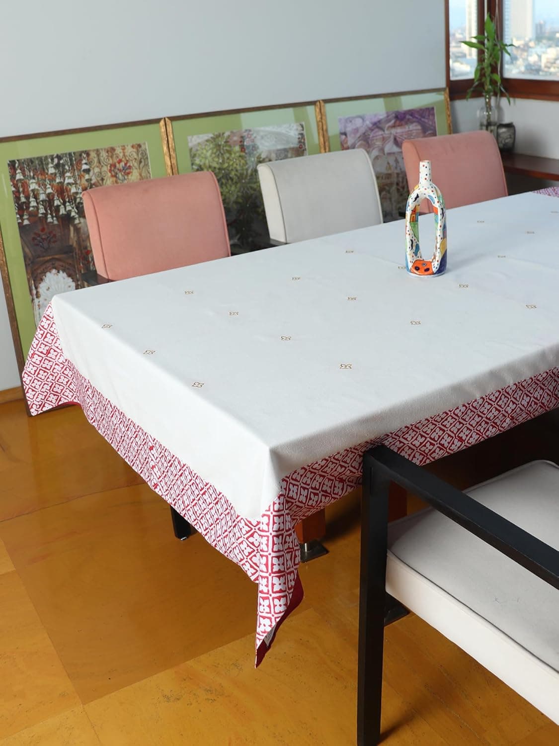 ZEBA World Table Cover Embroidered and Border Patchwork | Cotton Blend - Red and White | Heat Resistant Table Cover for Kitchen Table/Dining Table Cloth, 52 X 84 Inches; 130 cm X 210 cm