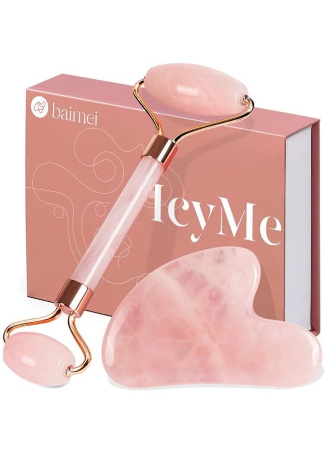 IcyMe Jade Roller & Gua Sha, Face Roller Redness Reducing Skin Care Tools, Self Care Pink Gift for Men Women, Massager for Face, Eyes, Neck, Relieve Fine Lines and Wrinkles - Rose Quartz