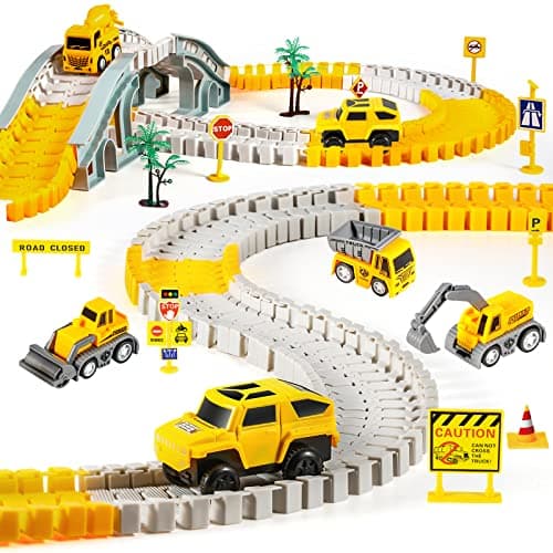 260 PCS Construction Race Tracks for Kids Toys 2 Racing Cars 4 Construction Cars 1 Map Flexible DIY Track Set Engineering Toys for 3 4 5 6 Year Old Boys Girls