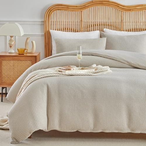 WARMDERN Waffle Weave Duvet Cover Queen Size, Khaki Textured Duvet Cover Set, Soft and Breathable Comforter Cover, 3 Pieces Microfiber Bedding Set for All Season(Khaki,Queen)