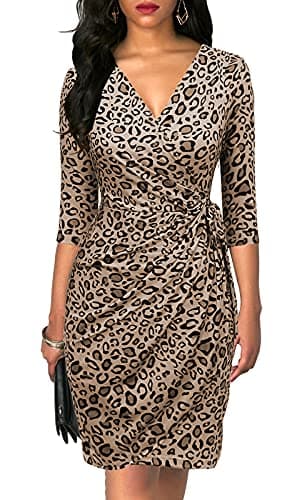 Berydress Wrap Dresses for Women Wedding Guest Sheath Bodycon Brown Leopard Casual Party Work Dress (S, 6083-BN Leopard)