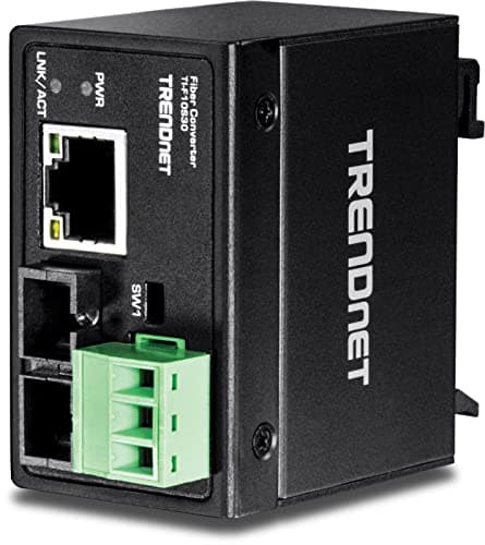 TRENDnet Hardened Industrial 100BaseFX SingleMode SC Fiber Converter 30 km 186 Miles IP40 Rated Housing TIF10S30Lifetime ProtectionBlack