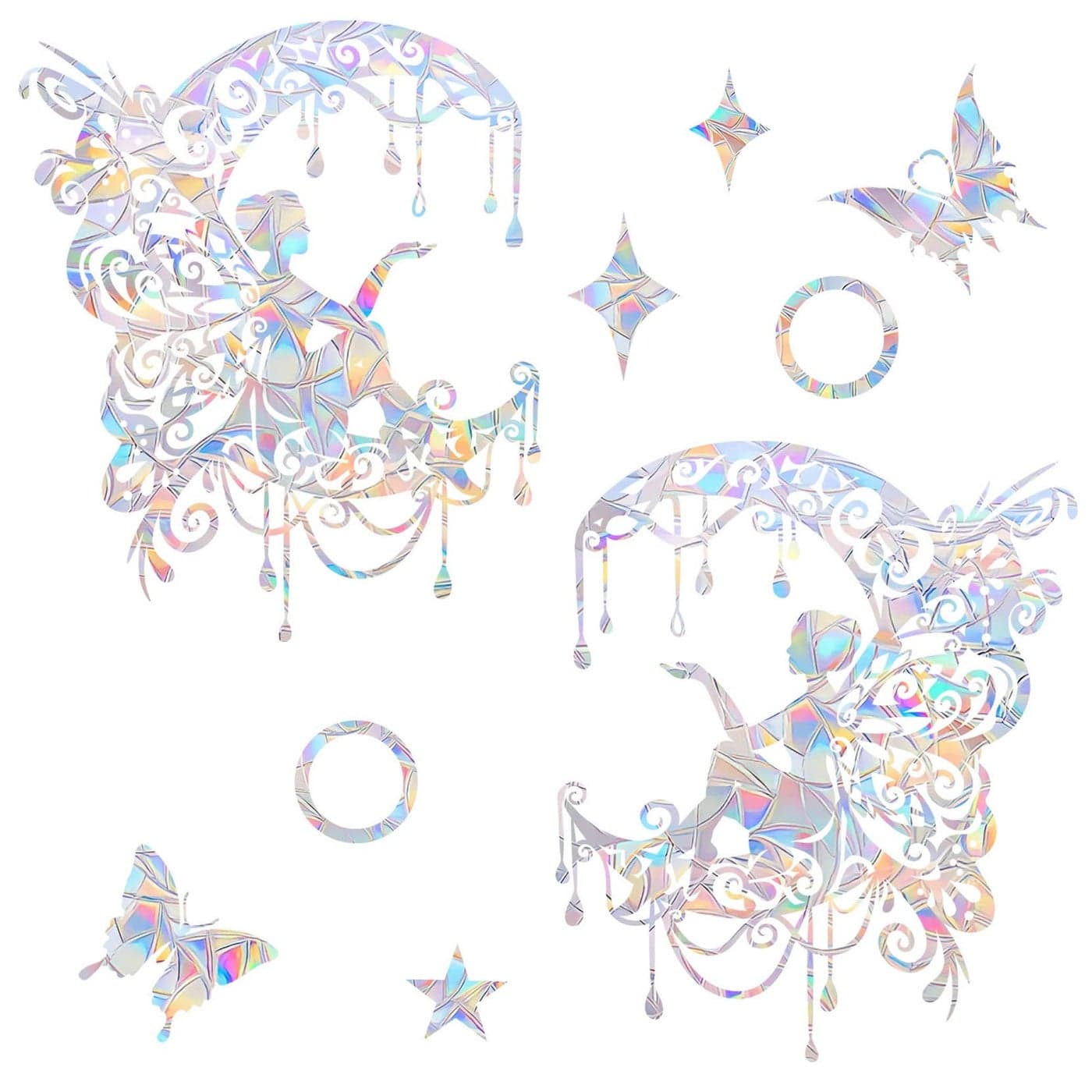 Fairy and Moon AntiCollision Window Decals NonAdhesive Prismatic Rainbow Suncatcher Stickers