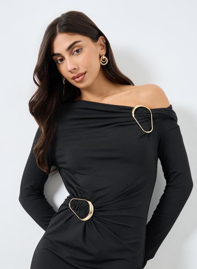 Black Asymmetric Neck Midi Dress with Buckle Accent