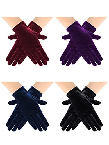 Geyoga 4 Pairs Women Velvet Gloves Short Satin Gloves Christmas Cosplay Tea Party Wrist Mitten for Dancing Party Costume(Black, Purple, Blue, Wine Red)
