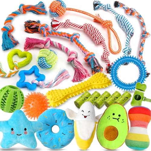 Zeaxuie 25 Pack Luxury Dog Chew Toys for Puppy Dog Toys with Ropes Treat Ball and Squeaky Puppy Toys for Teething Small Dogs