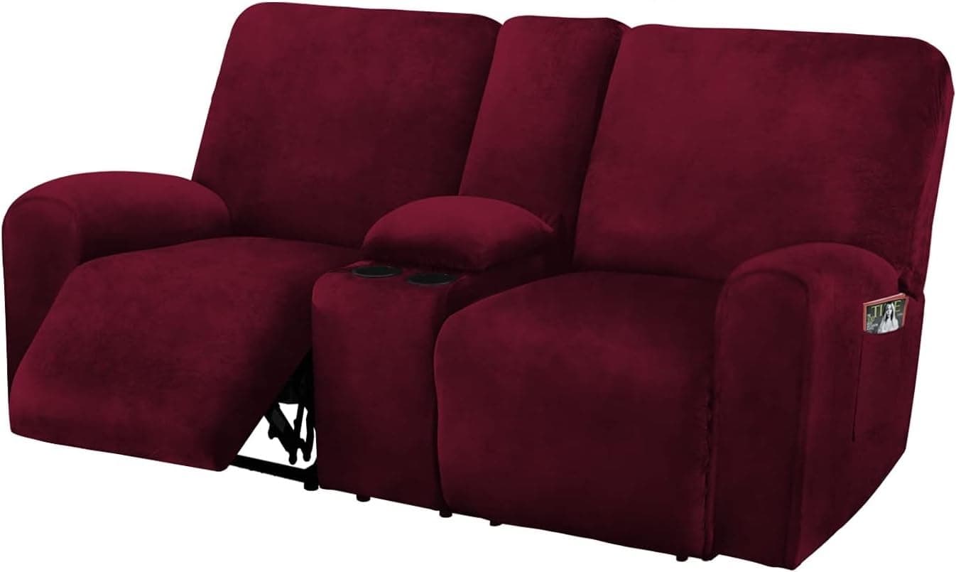 Reclining Love Seat with Middle Console Slipcover 8Piece Velvet Stretch Loveseat Reclining Sofa Covers 2 seat Loveseat Recliner Cover Thick Soft Washable Loveseat Slipcovers Burgundy Wine