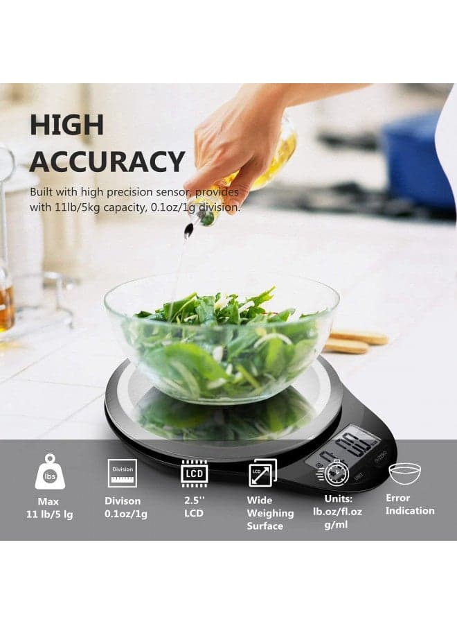 NUTRI FIT Digital Kitchen Scale with Wide Stainless Steel Platefrom High Accuracy Multifunction Food Weight Scale LCD Display for Baking Cooking Max 11lb, Tare & Auto Off Function Hang to Stow - Black