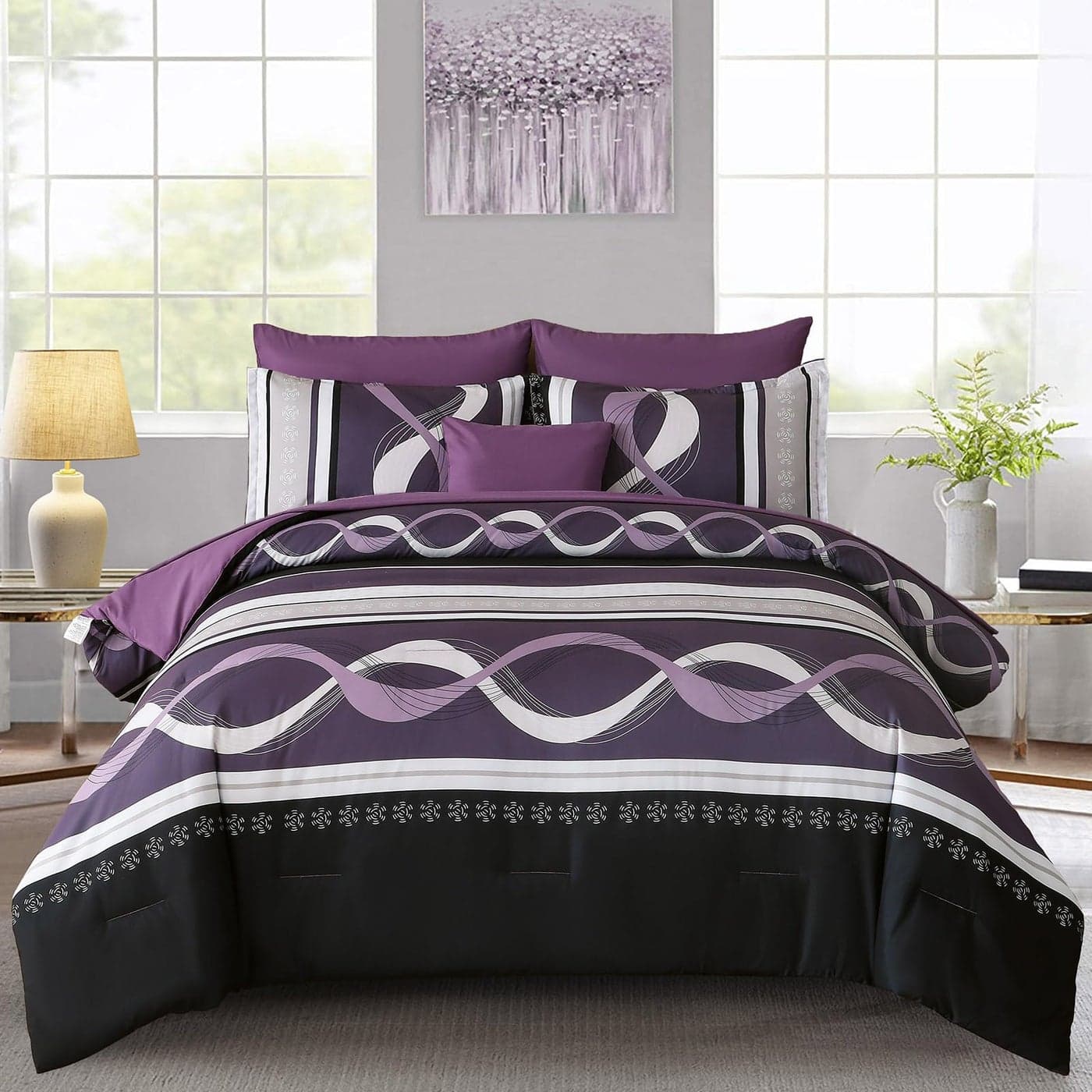 Purple Comforter Set Queen Size 8 Pieces Bed in a Bag Patchwork Striped Comforter Set Soft Microfiber Boho Bedding Set for All Season9090