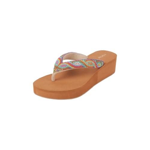 Mochi Women Beige Faux Leather Beaded Platform Casual Slip-on Sandal UK/5 EU/38 (32-936)