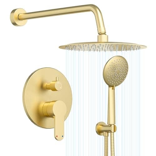 Gabrylly Gold Shower Head System, Shower Faucet Set with Pressure Balance Shower Valve, 10 Inch Shower Heads with 5-Setting handheld Spray Combo, High Pressure Shower Fixtures, Brushed Gold