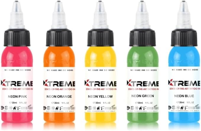 Xtreme Ink 5 Color Neon Set Electrifying Tattoo Inks for Vibrant Neon Effects Neon Pink Orange Yellow Green Blue UVFree Brilliance Ethical WaterBased Vegan and Safe Set of 5 1 oz