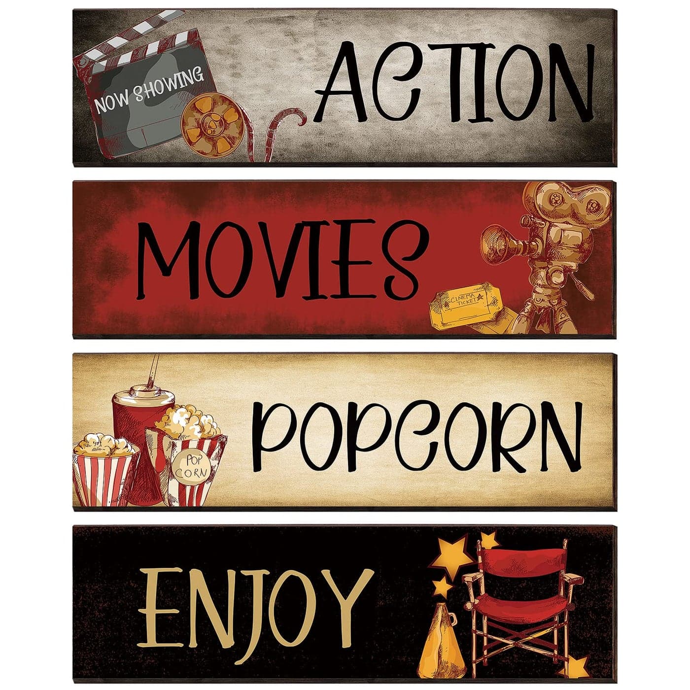 Yalikop 4 Pieces Movie Theater Decor Wooden Home Theater Decoration for Popcorn Enjoy Film Classic Decor Rustic Room Wall Media Room Wall Art11 x 3 Inch