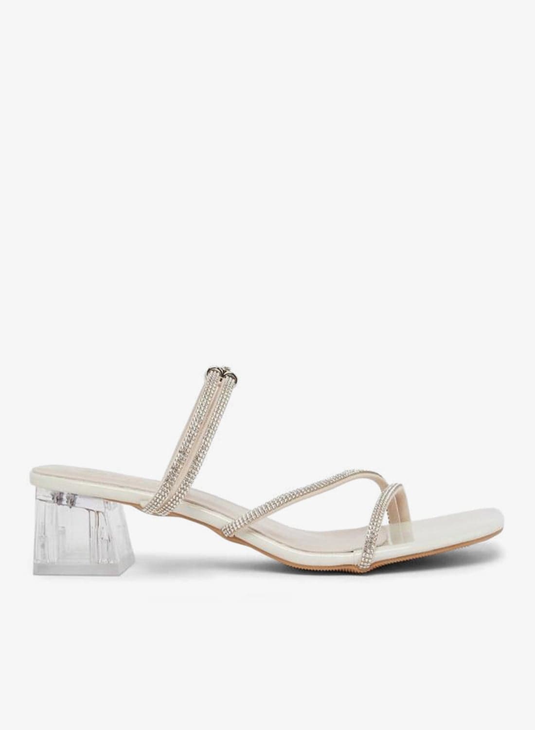 Beige Rhinestone Block Heel Sandals — 38