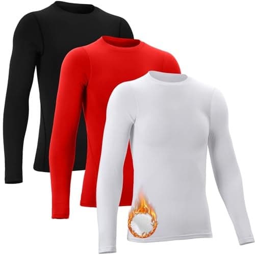 Suhine 3 Pcs 5-14Y Youth Boys Thermal Compression Shirts Fleece Athletic Baselayer Long Sleeve Soccer Baseball Undershirt(S,Black, Red, White)