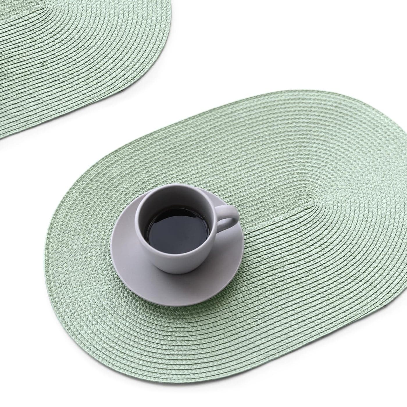 FunWheat Oval Braided Placemats Set of 4 Table Mats for Dining Tables Washable Heat Resistant Place Mats for Indoor Outdoor Use 12 x18 Inch Oval Fog Green 4pcs