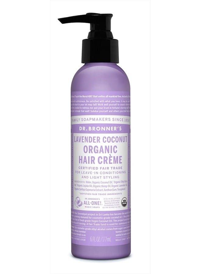 Organic Hair Crème (Lavender Coconut, 6 Ounce) - Leave-In Conditioner and Styling Cream, Made with Organic Oils, Hair Cream Supports Shine and Strength, Nourishes Scalp, Non-GMO