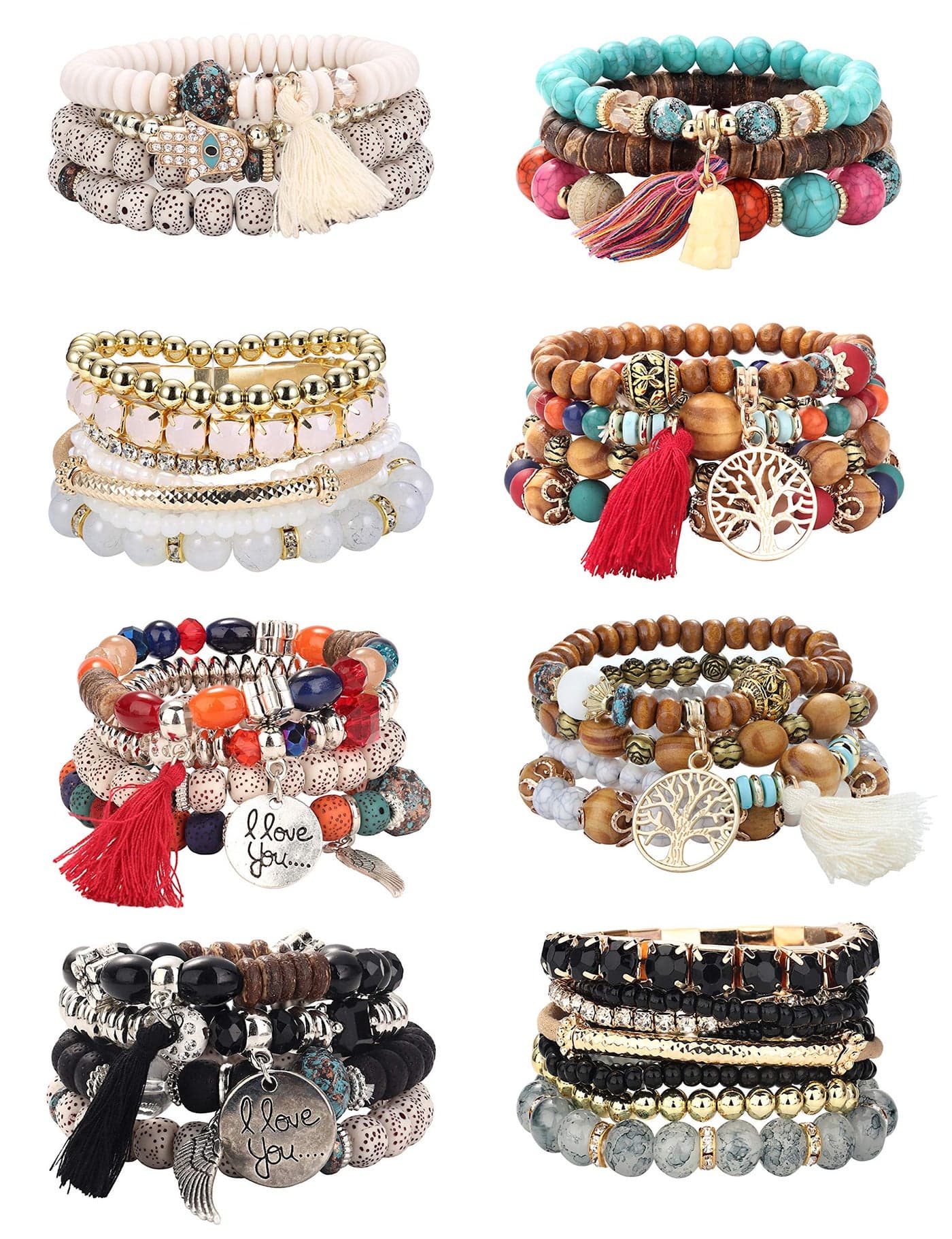 LOYALLOOK 8 Sets Bohemian Stackable Bead Bracelets for Women Stretch Multilayered Boho Stackable Bracelets Stack Beads Multicolor Beaded Strand Bangle Charm Bracelets Boho Tassel Bracelet Set Handmade