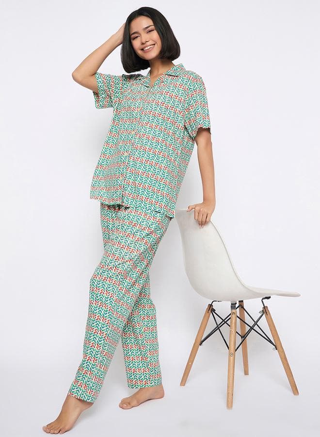 Clovia All-Over Print Button Down Shirt and Pyjama Set