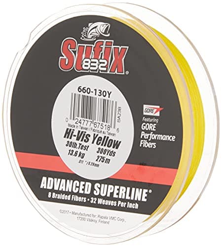 Sufix 832 Advanced Superline Braid, Hi-Vis Yellow, 20-Pound/300-Yard Spool (660-120Y)