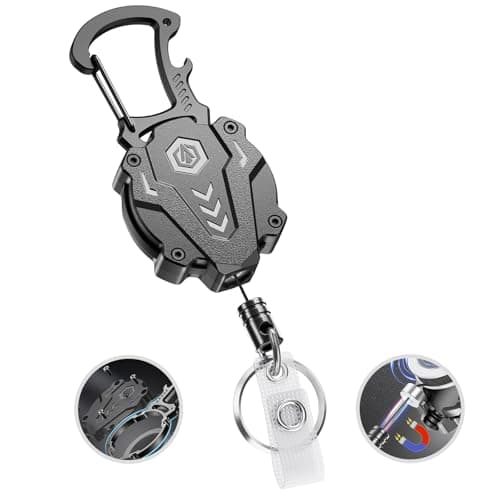 Autonomier 1Pack Heavy Duty Retractable Keychain, Tactical ID Badge Holder Reel Carabiner Clip with Magnetic Closure for Men, Unbreakable Sandwich Construction with 31" Dyneema Cord, Bearing 25oz