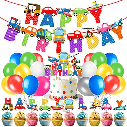 Zyozique 37 pcs Transportation Birthday Party Decorations for Boys, Traffic Vehicle Theme Decoration for Boys, Happy Birthday Paper Banner ,Cake And Cup Cake Topper,Balloons