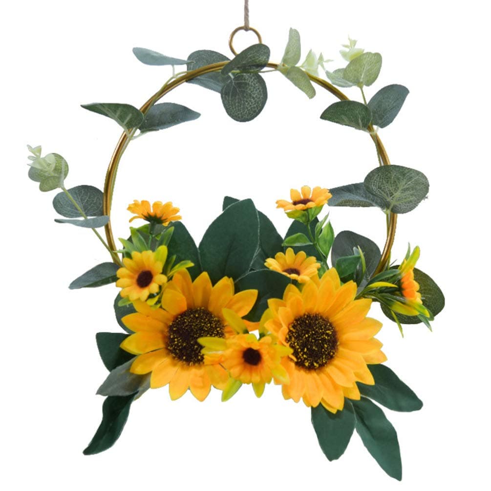 NUOBESTY Metal Wreath Artificial Sunflower Wreath Garland Iron Hoop Spring Summer with Green Leaves for Front Door Indoor or Outdoor Wall Wedding Home Decorations Spring s