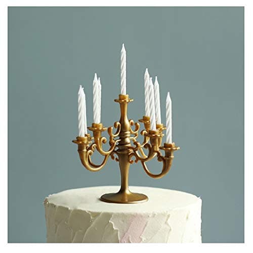 CheeseandU Mini Plastic Candle Holder Stand with 9Pcs Candelabra Taper Beautiful Vintage Candlestick Cake Topper Desk Ornament for Christmas Wedding Event Birthday Party Candelabra Gold Height 14cm