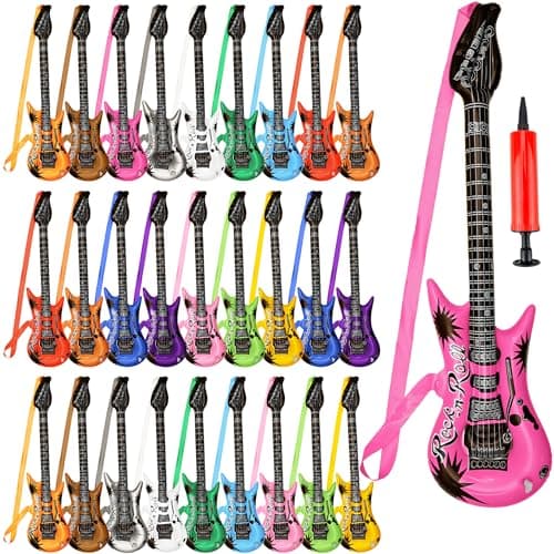 28 Pack 374 inch Inflatable Guitar with Strap Blow Up Guitars with 1 Red Air Pump Rock Star Toys for Kids Birthday Rock and Roll Party Photo Booth Props
