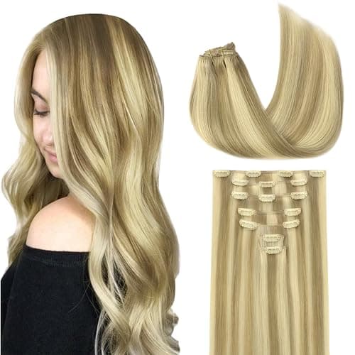GOO GOO Clip in Hair Extensions Real Human Hair Remy Human Hair Extensions Clip ins for Women Natural Human Hair 18inch 120g 7Pcs 1622 Light Blonde Highlighted Golden Blonde